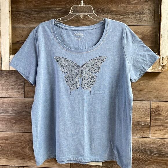 Coral Bay Plus Size Scoop Neck Tshirt Style Rhinestone Butterfly Top,SZ XL Blue - Picture 1 of 7
